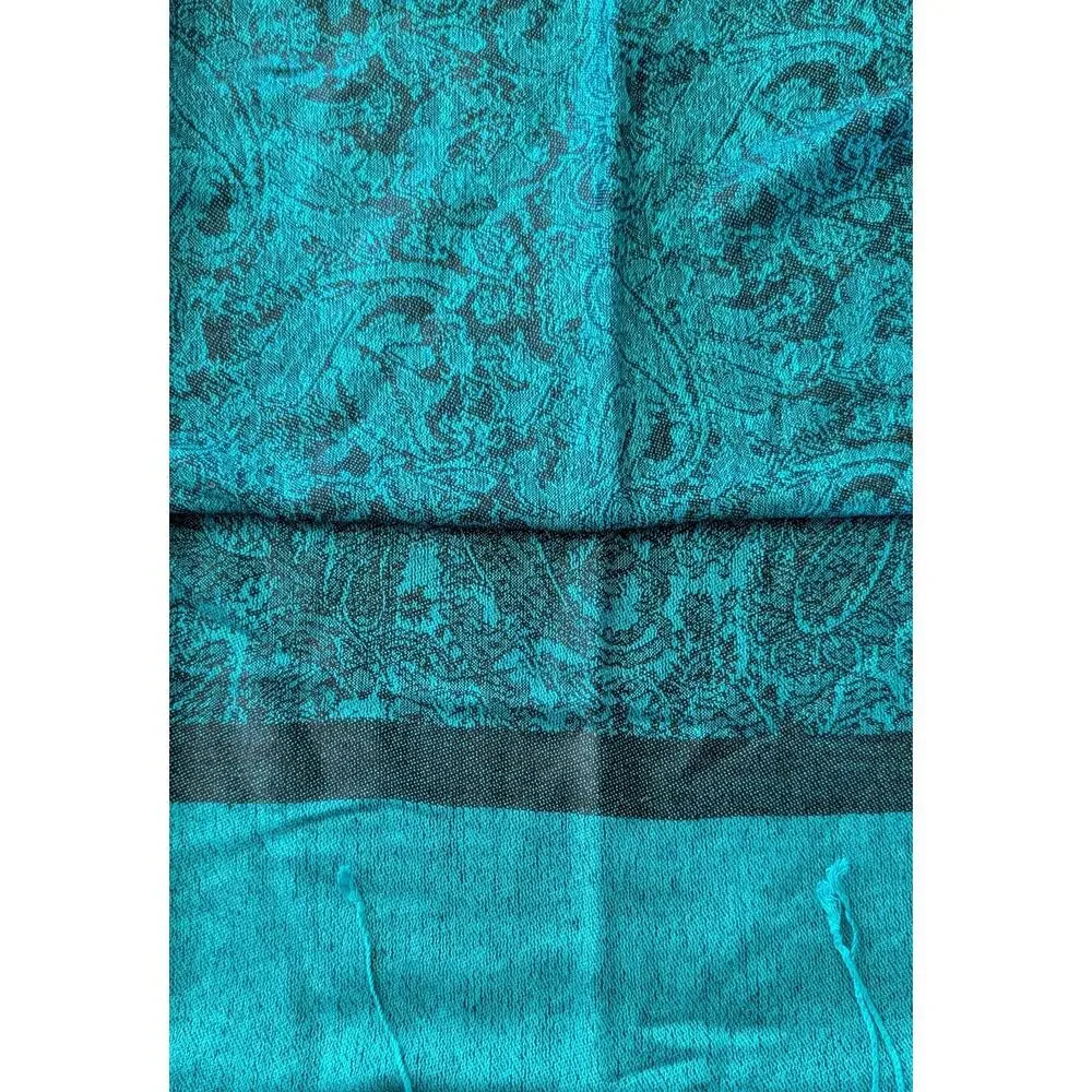 70% Pashmina 30% Silk Green Teal Black Paisley Shawl Wrap Fringe Scarf